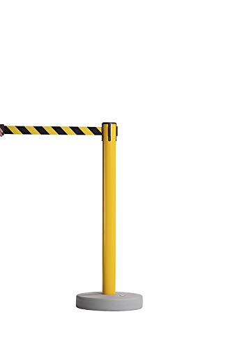 Crowd Control Warehouse - CCW Set of 2 Retractable Belt Barrier Stanchion, Water Fillable Base MSH630-11 Foot Belt, Magenta and Yellow Diagonal with Black PVC Plastic Post - color: Magenta and Yellow Diagonal, size: Black Post