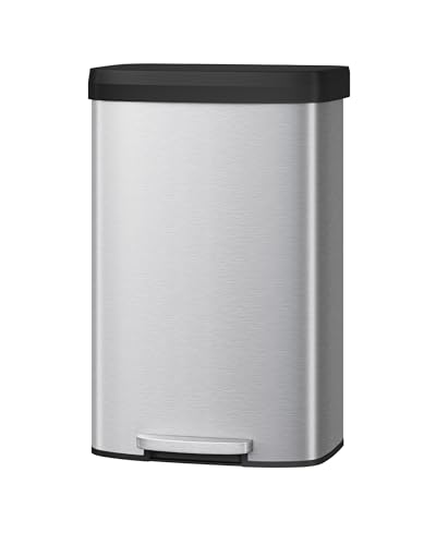 Garvee 21 gal / 80 L Stainless Steel Trash Can with Lid, Large Garbage Can for Kitchen, Rustproof Step-on Kitchen Metal Trash Bin with Liner Rim, Rear Handle, Soft Close Plastic Lid, Silver - color: Silver, size: 21.1 Gallons