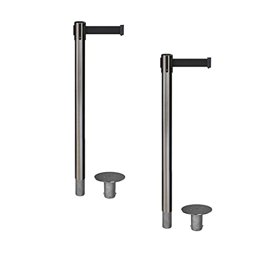 CCW Set of 2 Retractable Belt Barrier Stanchion, Removable Base, RRBB-100 (11 Foot Belt, Black with Satin Stainless Steel Post) - color: Black, size: Satin Stainless Steel