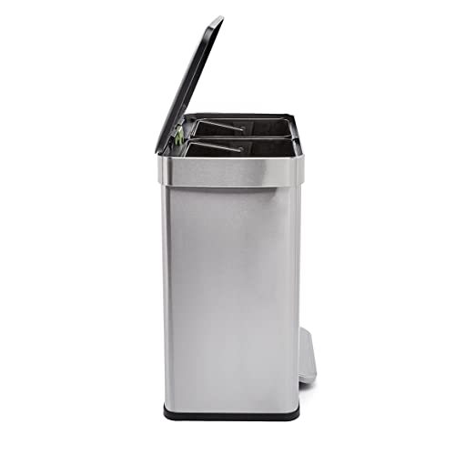 Amazon Basics Dual Compartment Recycling Trash Can with Soft-Close Lid, Fingerprint Resistant, Removable Liner Buckets, 60 Liters, Rectangular, Grey, Silver