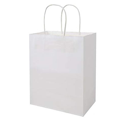 bagmad 100 Pack Sturdy Medium White Kraft Paper Bags with Handles Bulk, Thicken Gift Bags 8x4.75x10 Inch, Craft Grocery Shopping Retail Party Favors Wedding Business Sacks (White, 100pcs) - color: White