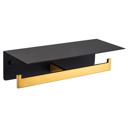 APLusee Double Toilet Paper Holder with Shelf, Black Gold, Wall Mounted - color: Black With Gold, size: Double Rod