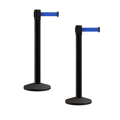 Montour Line M650 Set of 2 Retractable Belt Barrier Stanchion, Sloped Base, Black Post (14 ft Blue Belt) - color: Blue, size: Black