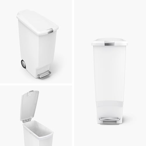 simplehuman 40 Liter / 10.6 Gallon Slim Kitchen Step Trash Can With Secure Slide Lock, White Plastic - color: White