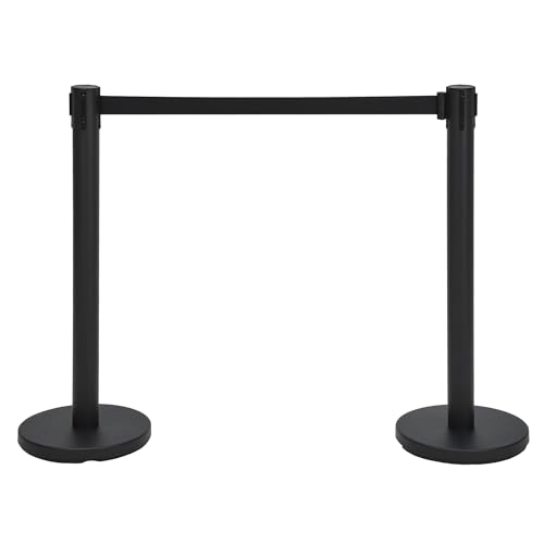 Set of 2 Stanchions with Retractable Belts, Black Crowd Control Barriers with Non Slip Heavy Base, Easy Connect Assembly Stanchion Posts for Event Entries, Airport Lines - 6.6 Ft Belts