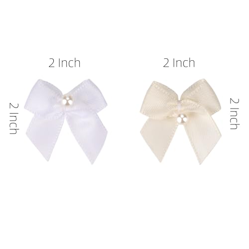 Meseey 60Pcs 2 Inch Mini White Ivory Satin Ribbon Bows with Pearl, Pre-Tied Small Neutral Flower Appliques for Sewing, Scrapbooking, Wedding, Baptism, Gift Wrapping & DIY Crafts - color: White/Ivory