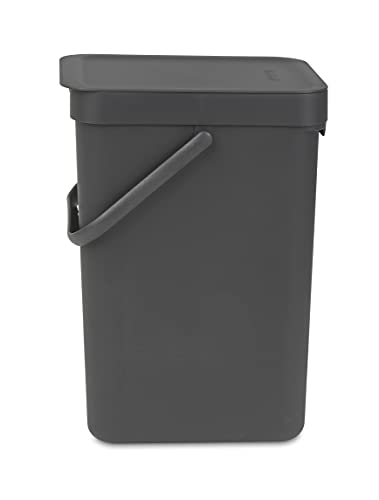 Brabantia Sort & Go Recycling Trash Can 3.2 Gallons (12L)(Gray), Space-Efficient Plastic Garbage Can with Handle, Removable and Stay-Open Lid, Easy to Clean Kitchen Bin Without Nooks and Rims