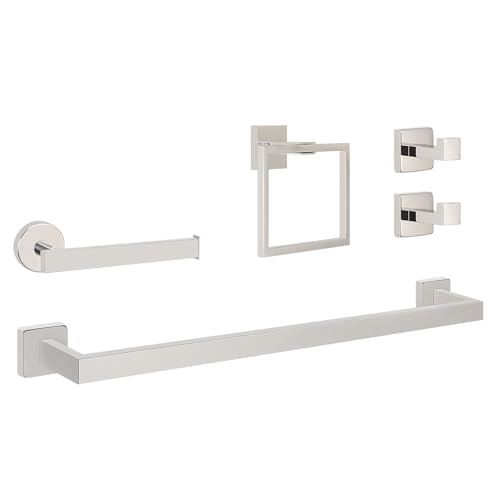NearMoon 5 Pieces Bathroom Hardware Set 304 Stainless Steel, Square Towel Rack Kit - 24" Towel Rod + Towel Ring + Toilet Paper Holder + 2 Robe Hooks, Wall Mounted Bath Accessories (Chrome Finish) - color: Chrome Finish, size: 24 inch