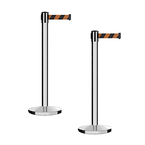 CCW Set of 2 Crowd Control Retractable Belt Barrier Stanchions, 7.5 Ft - color: Black and Orange Diagonal, size: 7.5 Foot
