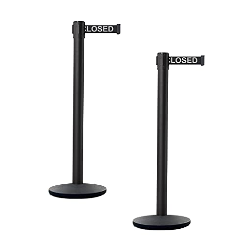 CCW 2 Pack Retractable Belt Barrier Stanchions, 7.5 Ft Black Belt, IRBB-100 - color: Black with "THIS LINE CLOSED" White Letters, size: 7.5 Foot