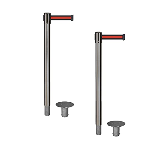 CCW RRBB-100 Retractable Belt Barrier Stanchions, 11-Foot, Set of 2 - color: Black Wth Red Horizontal Stripe, size: Satin Stainless Steel
