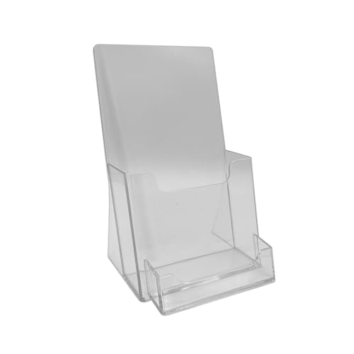 Dazzling Displays Clear 4 x 9 Tri-Fold Brochure Holder with Attached Business Card Holder, Countertop Display Stand, Literature Holder for Efficient Countertop Organization
