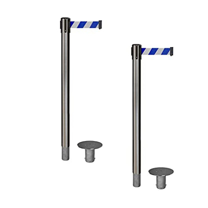 CCW Crowd Control Retractable Belt Barrier Stanchions, Set of 2, 11 Ft - color: Blue & White Diagonal Stripes, size: Satin Stainless Steel