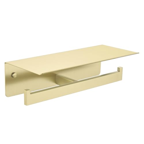 APLusee Brushed Gold Double Toilet Paper Holder with Shelf, 304 Stainless Steel Wall Mount Tissue Roll Holder for Bathroom - color: Brushed Gold, size: Double Rod