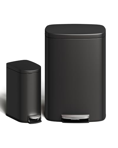 Garvee 13 gal (50 L) and 2.6 gal (10 L) Metal Trash Can Combo Set, Rustproof Garbage Can with Lid, Step-on Trash Bin with Inner Bucket, Rear Handle, Black - color: Black, size: 13.2 + 2.6 gal Combo Set