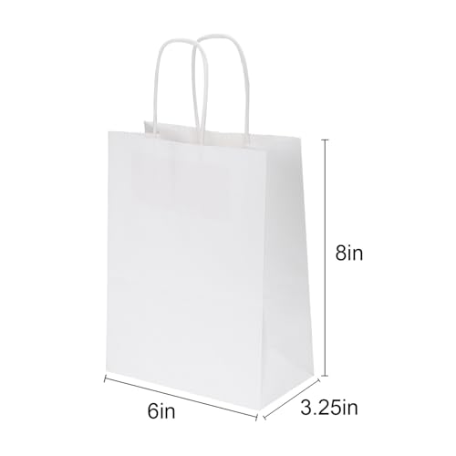 Joybe 300 Pack 5.95x3.25x8 Inch Small White Paper Bags with Handles Bulk, Kraft Paper Gift Bags for Birthday Party Favors Grocery Retail Shopping Business Goody Merchandise Craft Blank Sacks (300pcs)