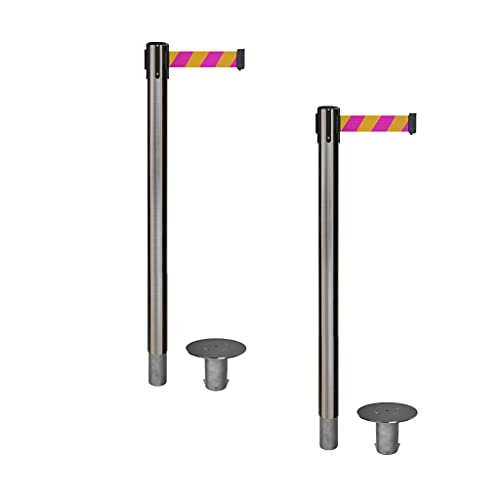 CCW Retractable Belt Barrier Stanchions, 2-Pack, 11 Ft, Removable Base - color: Magenta & Yellow Diagonal Stripes, size: Satin Stainless Steel