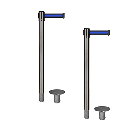 CCW Retractable Belt Barrier Stanchions, 11 Foot, Set of 2, Removable Base - color: Black with Blue Horizontal Stripe, size: Satin Stainless Steel