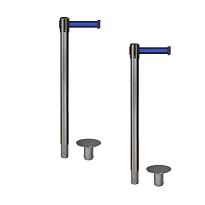 CCW Retractable Belt Barrier Stanchions, 11 Foot, Set of 2, Removable Base - color: Black with Blue Horizontal Stripe, size: Satin Stainless Steel