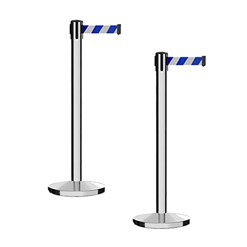 CCW Set of 2 Crowd Control Retractable Belt Barrier Stanchions, 7.5 Ft - color: Blue and White Diagonal, size: 7.5 Foot