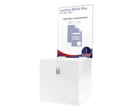 Acrylic Donation Box with Lock and Sign Holder White Acrylic Ballot Collection Bin 8" Locking Suggestion Fundraising Bar School Voting Countertop Piggy Bank by Marketing Holders - size: 8.25"W x 8.25"D x 20.5"H