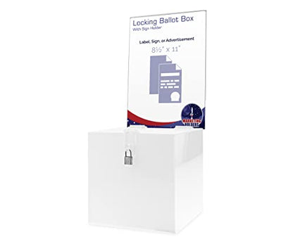 Acrylic Donation Box with Lock and Sign Holder White Acrylic Ballot Collection Bin 8" Locking Suggestion Fundraising Bar School Voting Countertop Piggy Bank by Marketing Holders - size: 8.25"W x 8.25"D x 20.5"H