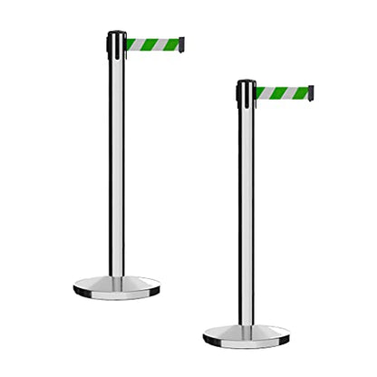 CCW Set of 2 Crowd Control Retractable Belt Barrier Stanchions, 7.5 Ft - color: Green and White Diagonal, size: 7.5 Foot