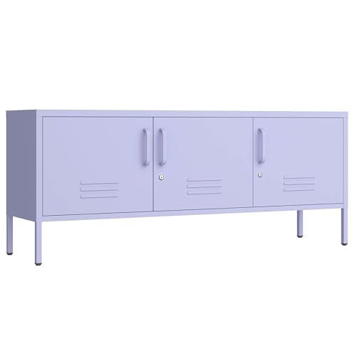 Purple 3-Door Lockable Metal TV Stand Storage Cabinet with Storage Locker, Wide Heavy-Duty Multipurpose Media Console for Large 100+ Inch TVs, Home Office Entertainment Center - color: Lilac, style: TV stand-22"H-LM