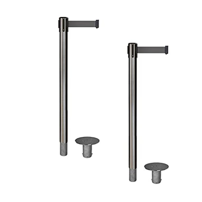 CCW Set of 2 Retractable Belt Barrier Stanchions, 11 Ft Belt, Dark Grey - color: Dark Grey, size: Satin Stainless Steel