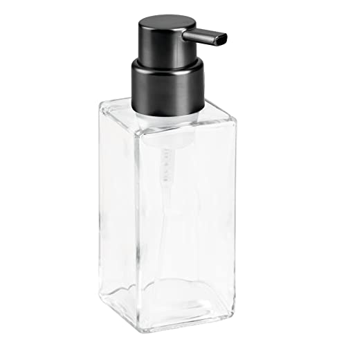 mDesign Glass Refillable Foaming Hand Soap Dispenser Modern Square Pump Bottle for Bathroom Vanities or Kitchen Sink, Countertops - 2 Pack - Clear/Black - color: Clear/Brushed Black