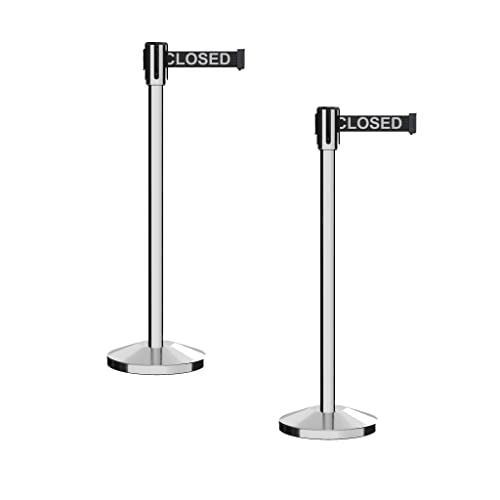 Montour Line M530 Set of 2 Retractable Belt Barrier Stanchion, Sloped Base, Polished Stainless Steel Post (7.5 ft Black with "This LINE Closed" White Letters Belt) - color: Black with "THIS LINE CLOSED" White Letters, size: 7.5 ft