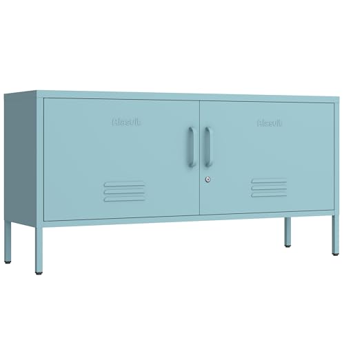 Blue Wide 2-Door Lockable Metal TV Stand with Storage Locker, Heavy Duty Multifunctional Entertainment Center with Adjustable Shelves, Storage Cabinet for Home, Bedroom, Entryway and Hallway - color: Ocean, style: TV stand-22"H-OL