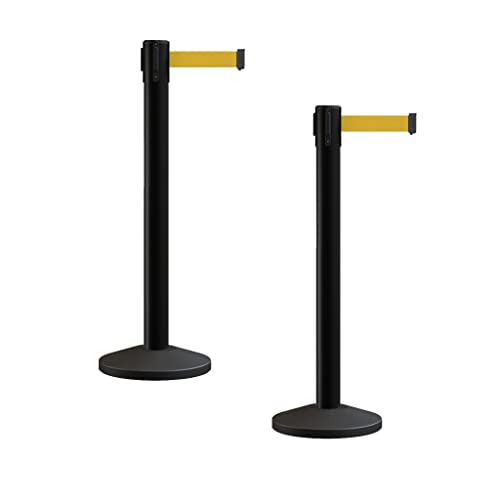 Montour Line M650 Set of 2 Retractable Belt Barrier Stanchion, Sloped Base, Black Post (14 ft Yellow Belt) - color: Yellow, size: Black