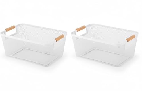 2-Pack Metal Mesh Basket, Small Wire Storage Organizer with Wood Handle for Kitchen Pantry, Bathroom, Cabinet, Closet, Picnic & Home Organization, Small, White - color: White, size: 2Pack-Small