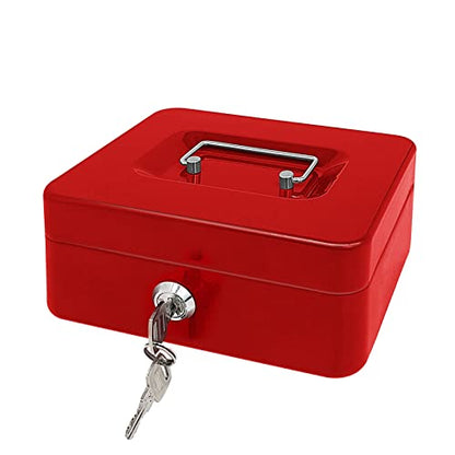 Steel Cash Box with Key Lock, Metal Small Money Organizer with Money Tray,Cash Storage Box with Lockable Cover (Red - 8 inch) - color: Red - 8 inch