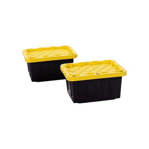 Plastic 5-Gallon Storage Tote with Lockable Lid, Stackable Tough Regular-Duty Bin for Garage, Tools, and Home Organization (2-Pack) - Black and Yellow - size: 5-Gallon (2-Pack)