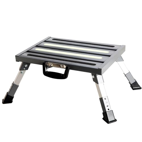 Aluminum RV Step Stool, 4-Level Adjustable Folding, Gray - color: Gray+reflective Yellow