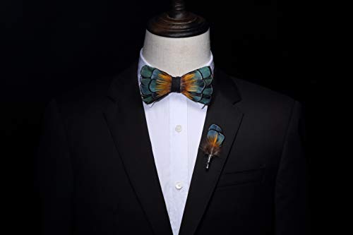 RBOCOTT Handmade Feather Pre-tied Bow tie and Brooch Sets for Men - color: Peacock Blue/Orange