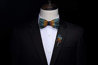 RBOCOTT Handmade Feather Pre-tied Bow tie and Brooch Sets for Men - color: Peacock Blue/Orange