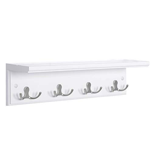 SONGMICS Wall-Mounted Coat Rack with Shelf, 4 Dual Metal Hooks - color: White, size: 1 Pack-4 Hooks, style: With Shelf