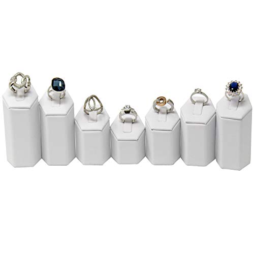 MOOCA 7-Piece Faux Leather Ring Stand Holder Jewelry Display, White - color: White Faux Leather