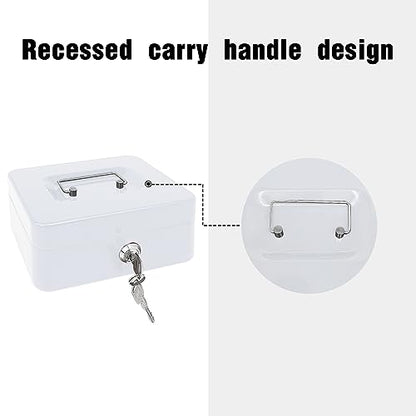 Steel Cash Box with Key Lock, Metal Small Money Organizer with Money Tray,Cash Storage Box with Lockable Cover (White- 7.8" x 6.3" x 3.3") - color: White- 7.8" x 6.3" x 3.3"