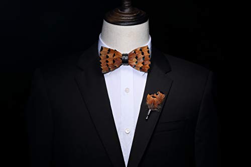RBOCOTT Handmade Feather Pre-tied Bow tie and Brooch Sets for Men - color: Orange