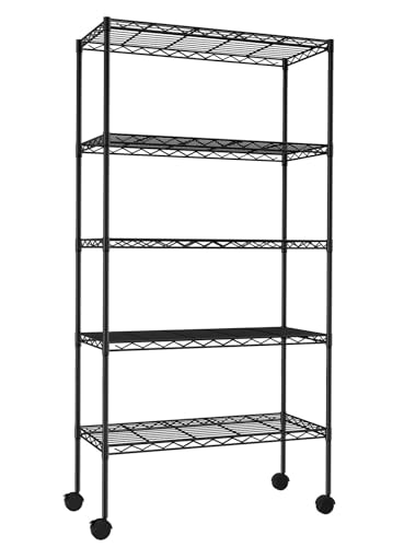 5 Tier Wire Shelving Unit with Wheels, 30 x 14 x 61 Metal Rack - color: Black, size: 13.9"D x 30"W x 61.2"H