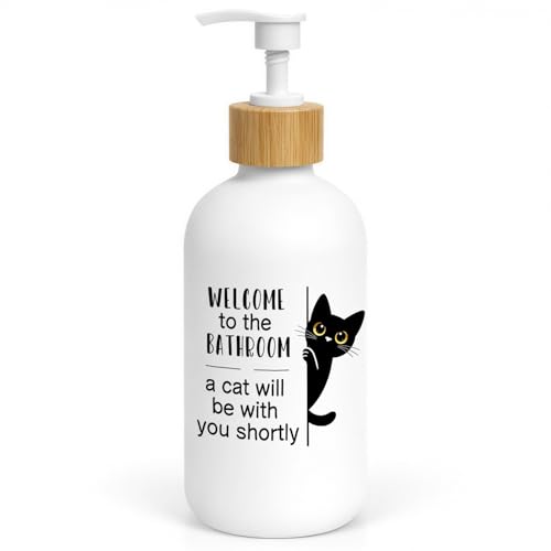 Funny Cat Bathroom Soap Dispenser, Black Cat Lover Gifts Glass Hand Soap Dispenser with Pump, Black Kitty Refillable Handsoap Liquid Bottle for Bathroom Washroom Restroom Countertop - color: Black Cat