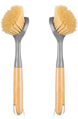 2 Pack Dish Brushes with Bamboo Handle, Kitchen Dish Scrubber Built-in Scraper, Scrub Brush for Pans, Pots, Counter & Kitchen Sink Cleaning, Dishwashing and Cleaning, Perfect Cleaning Tools, Gray - color: Gray