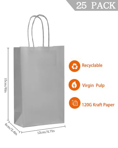 AZOWA Gift Bags Mini Small Kraft Paper Bags with Handles (4.7 x 2.4 x 6 in, Gray, 25 Pcs) - color: Grey, size: X-Small (Pack of 25)