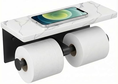 FORIOUS Double Marble Toilet Paper Holder with Phone Shelf, Mattle Black - color: Matte Black, size: Double Roll