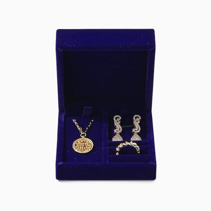 Velvet Jewelry Set Box, Blue Velvet Necklace Earring Ring Organizer - color: Blue