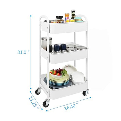 3-Tier Rolling Utility Cart with Caster Wheels,Easy Assembly, White - color: White, size: 3-Tier Standard Cart